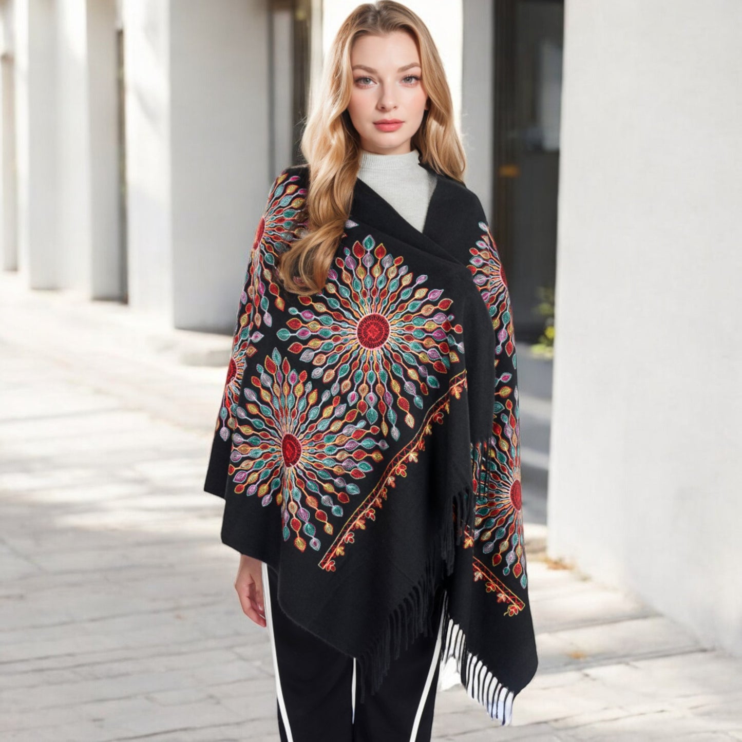 Anna-Kaci Women's Floral Mandala Embroidered Scarf with Fringed Edges and Lightweight Fabric