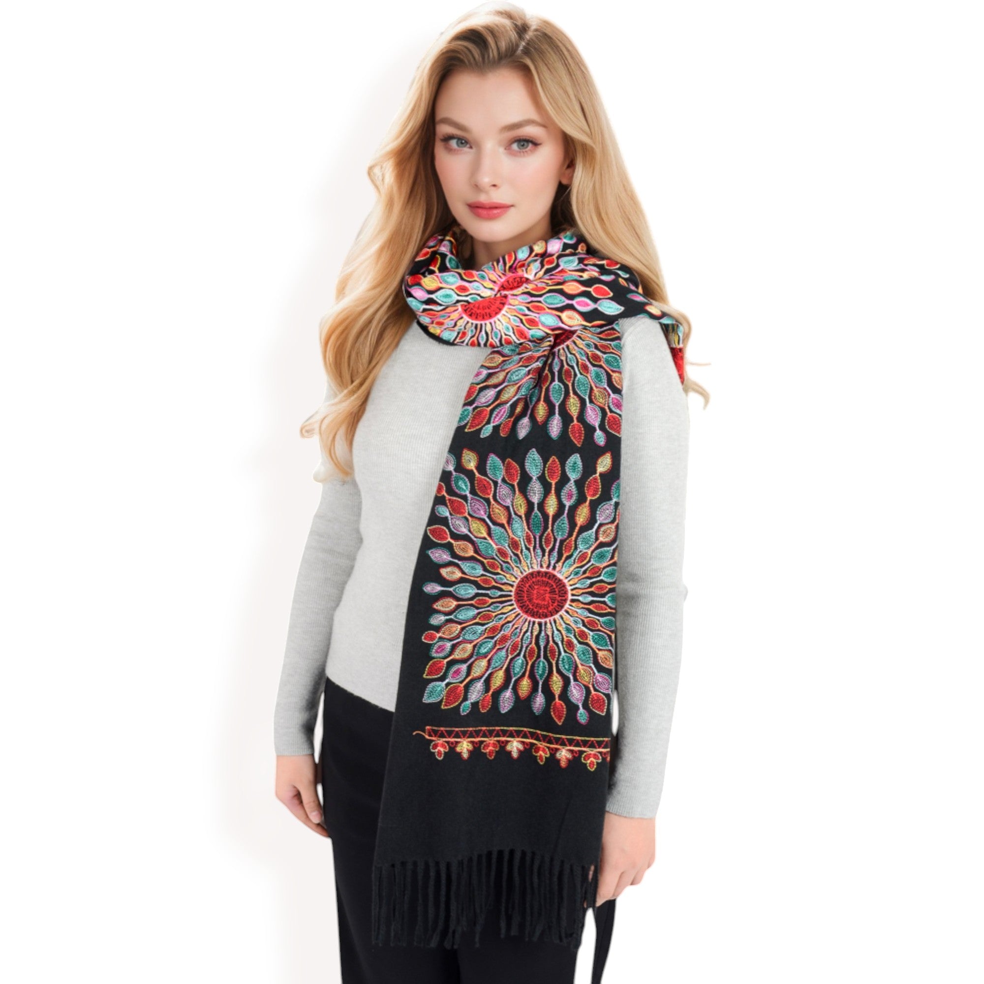Anna-Kaci Women's Floral Mandala Embroidered Scarf with Fringed Edges and Lightweight Fabric
