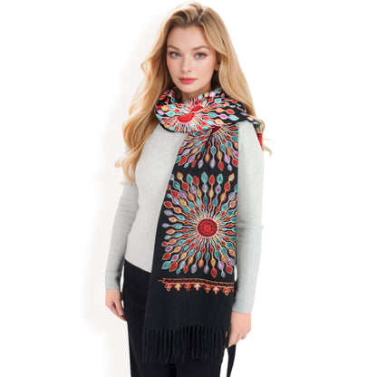 Anna-Kaci Women's Floral Mandala Embroidered Scarf with Fringed Edges and Lightweight Fabric