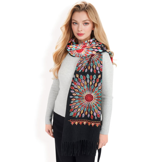 Anna-Kaci Women's Floral Mandala Embroidered Scarf with Fringed Edges and Lightweight Fabric