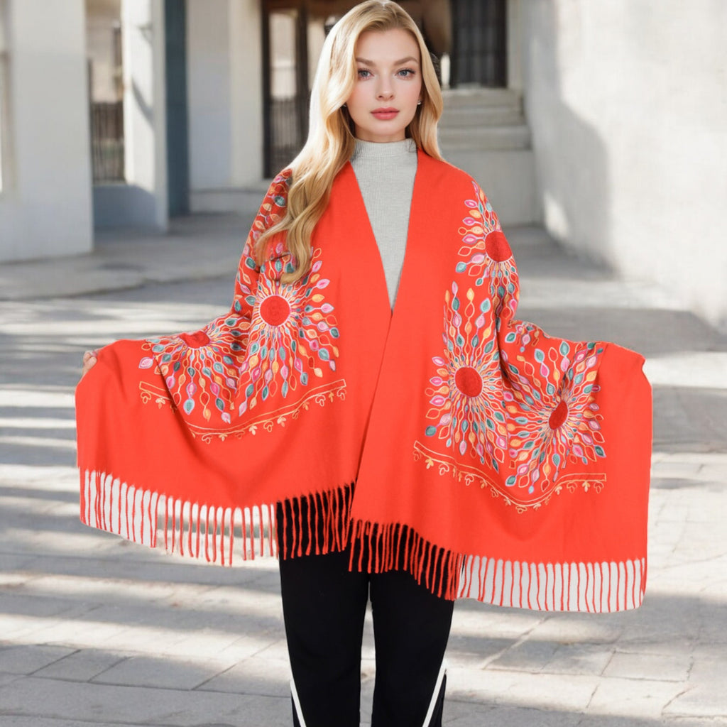 Anna-Kaci Women's Floral Mandala Embroidered Scarf with Fringed Edges and Lightweight Fabric