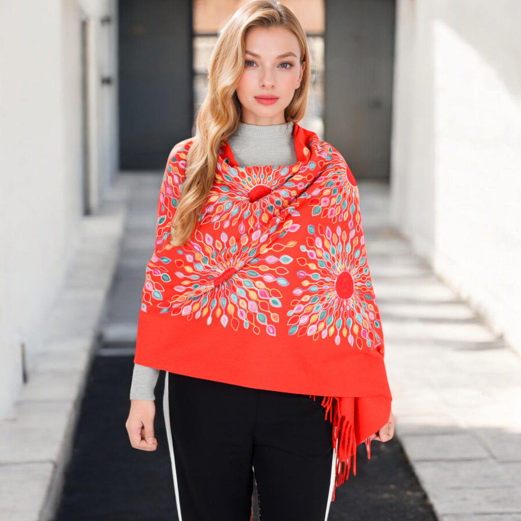 Anna-Kaci Women's Floral Mandala Embroidered Scarf with Fringed Edges and Lightweight Fabric