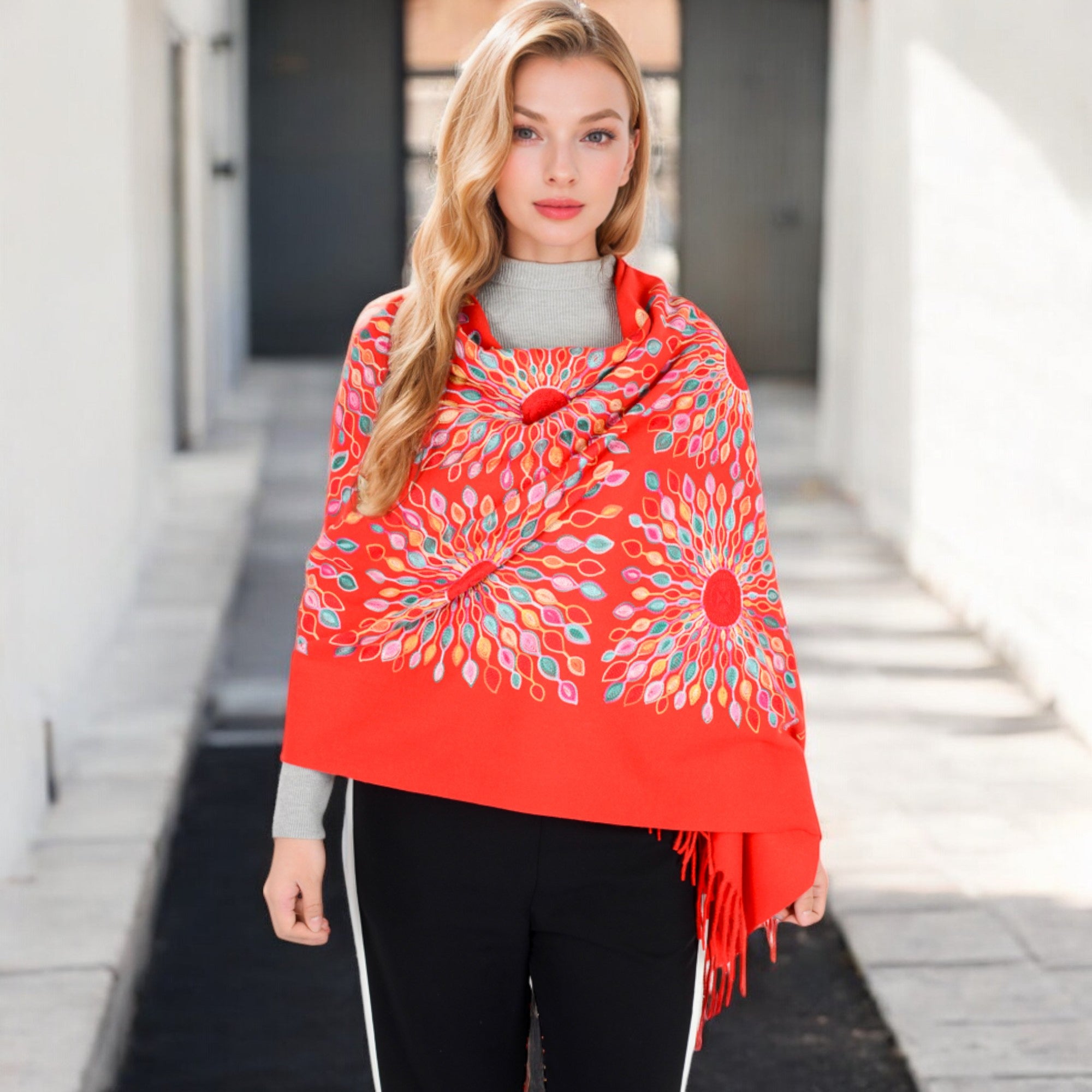 Anna-Kaci Women's Floral Mandala Embroidered Scarf with Fringed Edges and Lightweight Fabric