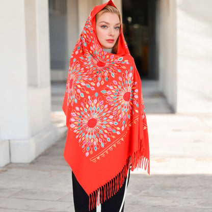 Anna-Kaci Women's Floral Mandala Embroidered Scarf with Fringed Edges and Lightweight Fabric