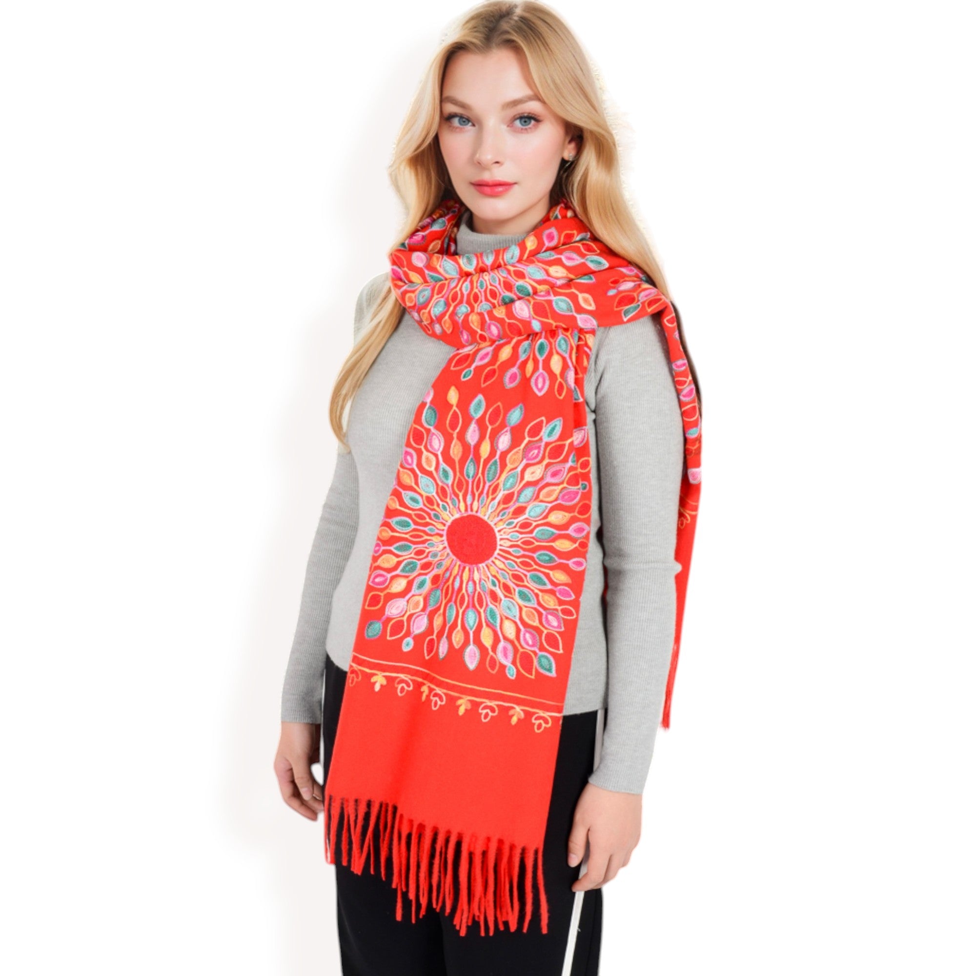 Anna-Kaci Women's Floral Mandala Embroidered Scarf with Fringed Edges and Lightweight Fabric