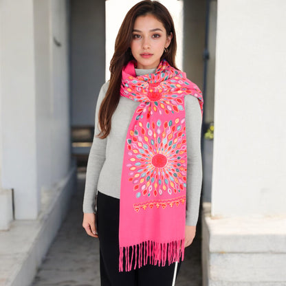 Anna-Kaci Women's Floral Mandala Embroidered Scarf with Fringed Edges and Lightweight Fabric