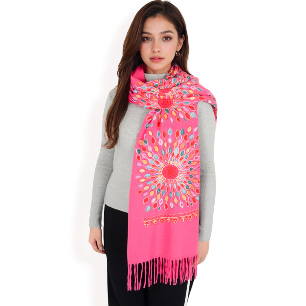 Anna-Kaci Women's Floral Mandala Embroidered Scarf with Fringed Edges and Lightweight Fabric