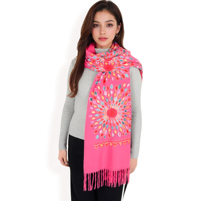 Anna-Kaci Women's Floral Mandala Embroidered Scarf with Fringed Edges and Lightweight Fabric