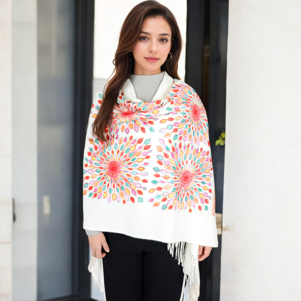 Anna-Kaci Women's Floral Mandala Embroidered Scarf with Fringed Edges and Lightweight Fabric