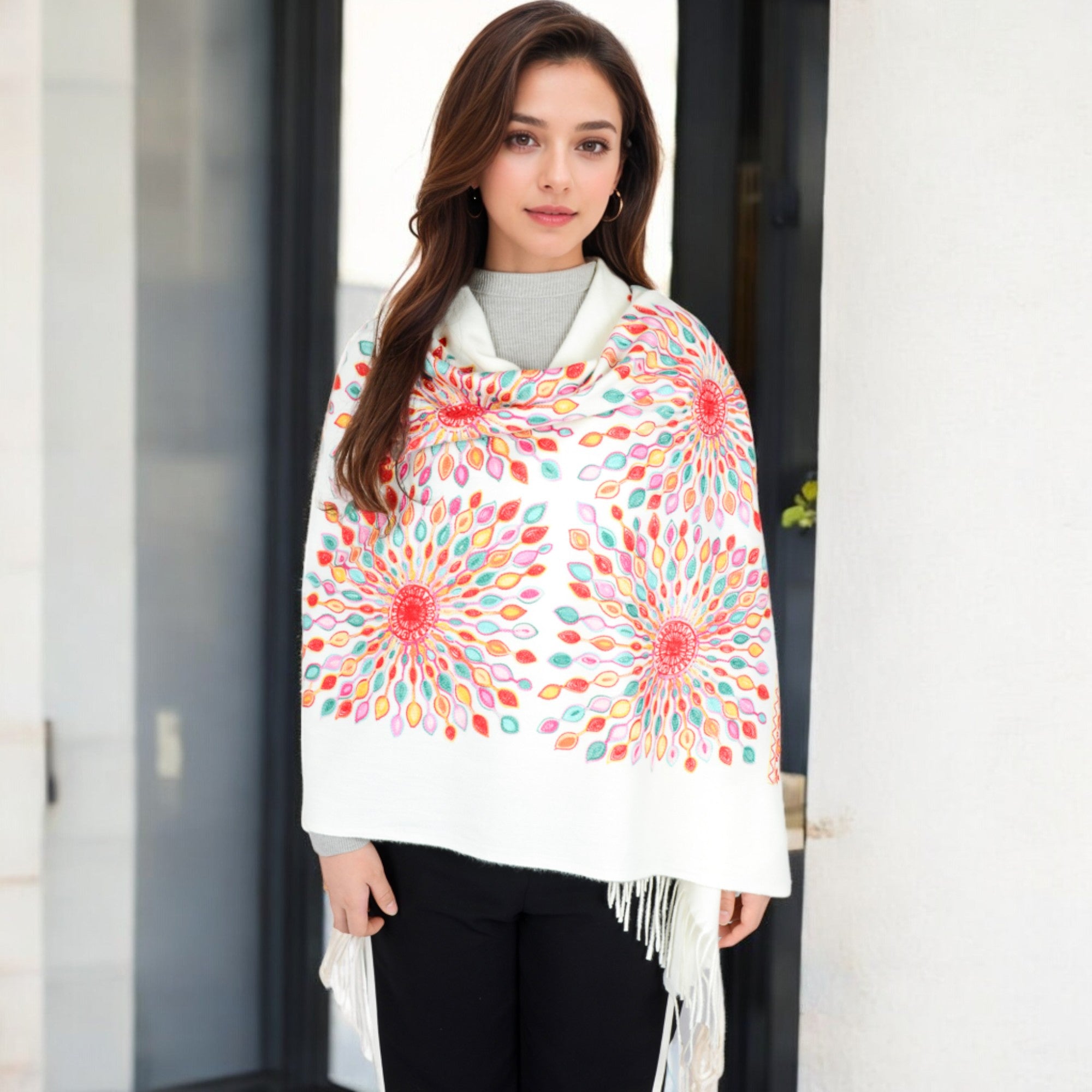 Anna-Kaci Women's Floral Mandala Embroidered Scarf with Fringed Edges and Lightweight Fabric