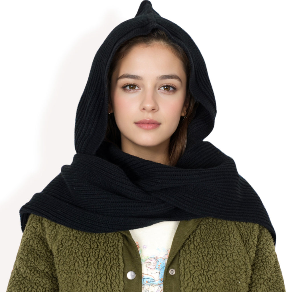 Anna-Kaci Women's Knitted Hooded Scarf with Versatile Design and Warm Ribbed Texture for Stylish Comfort and Winter Protection