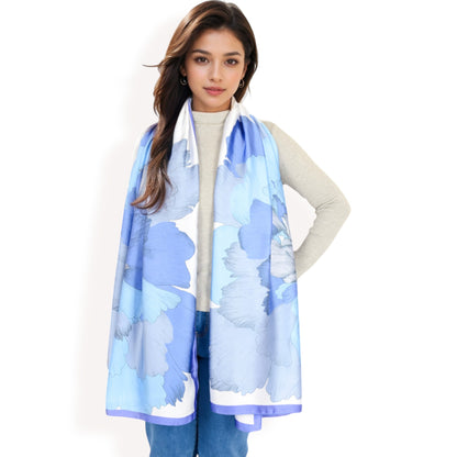 Anna-Kaci Women's Elegant Floral Satin Scarf with Vibrant Blue and Lavender Tones for Chic and Versatile Styling
