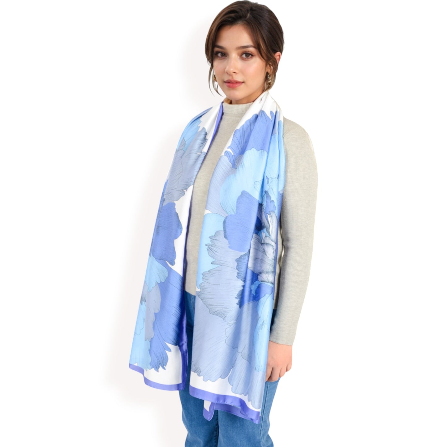 Anna-Kaci Women's Elegant Floral Satin Scarf with Vibrant Blue and Lavender Tones for Chic and Versatile Styling