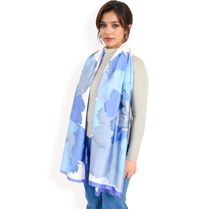 Anna-Kaci Women's Elegant Floral Satin Scarf with Vibrant Blue and Lavender Tones for Chic and Versatile Styling