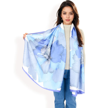 Anna-Kaci Women's Elegant Floral Satin Scarf with Vibrant Blue and Lavender Tones for Chic and Versatile Styling