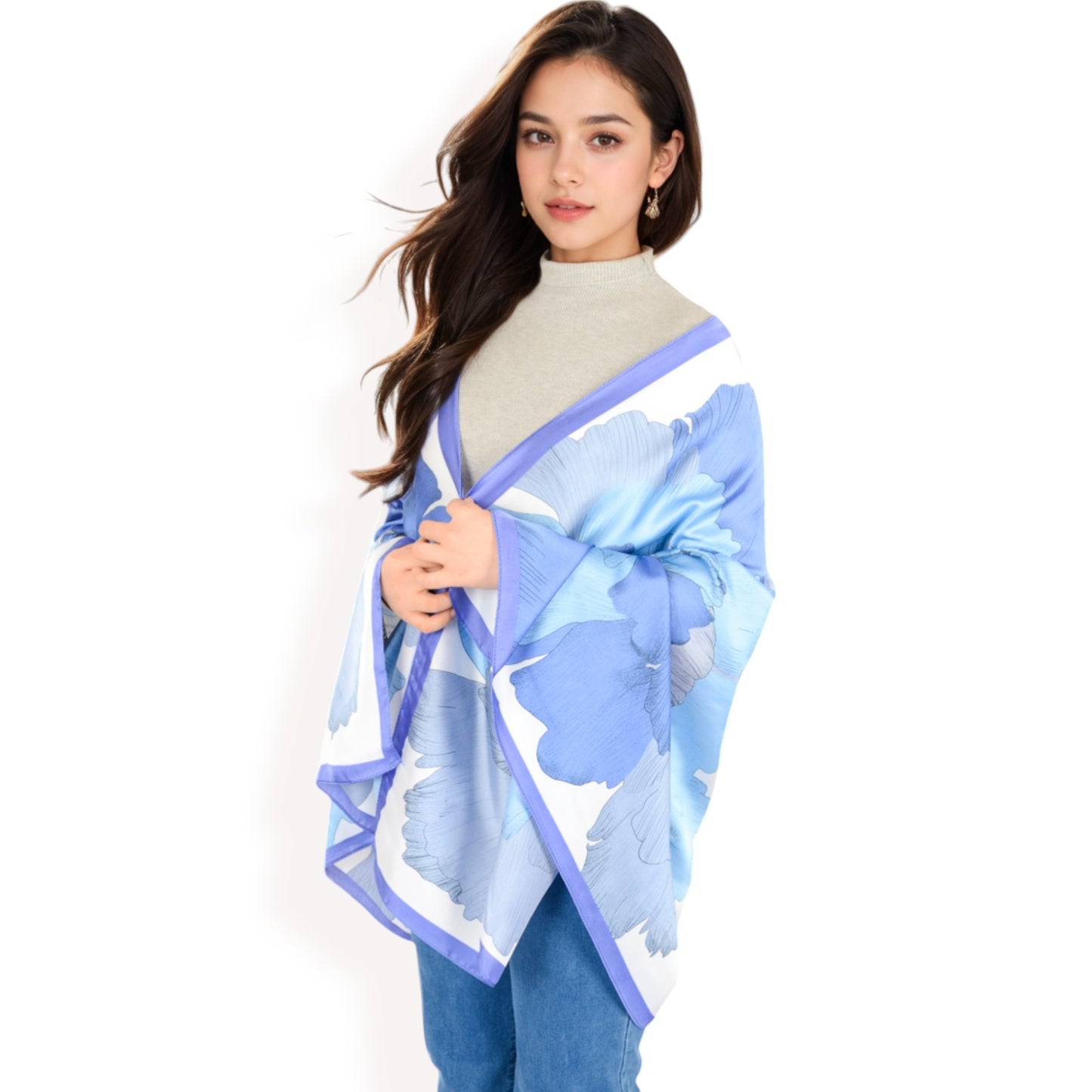 Anna-Kaci Women's Elegant Floral Satin Scarf with Vibrant Blue and Lavender Tones for Chic and Versatile Styling