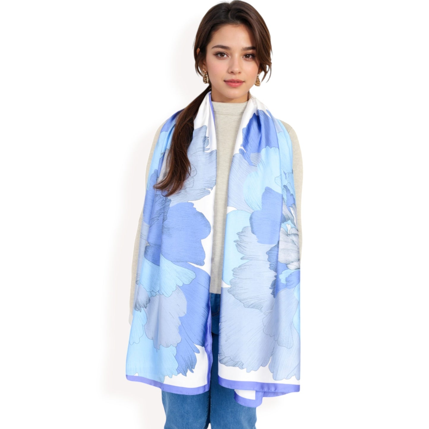 Anna-Kaci Women's Elegant Floral Satin Scarf with Vibrant Blue and Lavender Tones for Chic and Versatile Styling