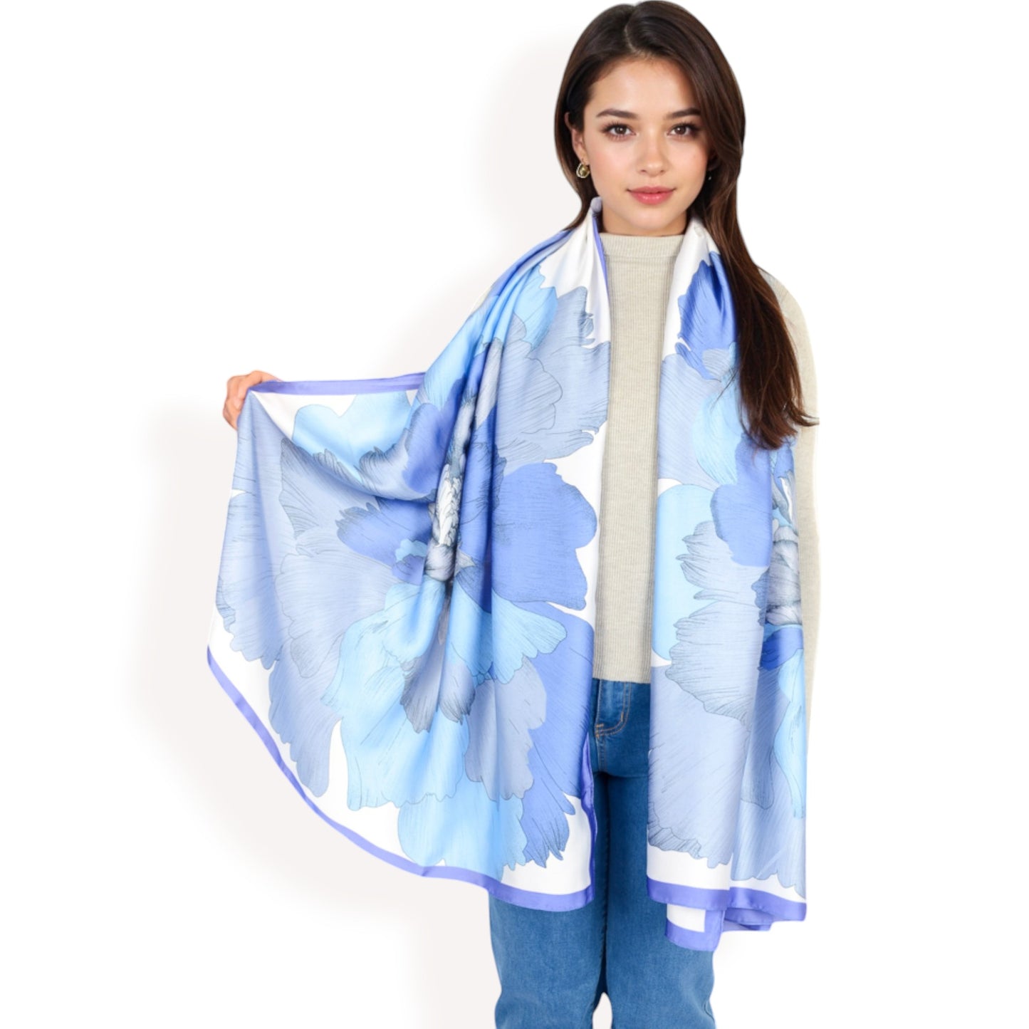 Anna-Kaci Women's Elegant Floral Satin Scarf with Vibrant Blue and Lavender Tones for Chic and Versatile Styling