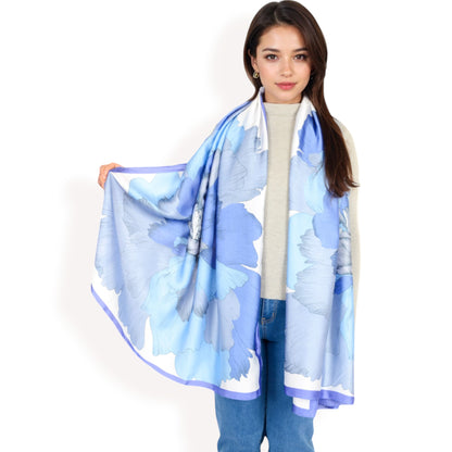 Anna-Kaci Women's Elegant Floral Satin Scarf with Vibrant Blue and Lavender Tones for Chic and Versatile Styling