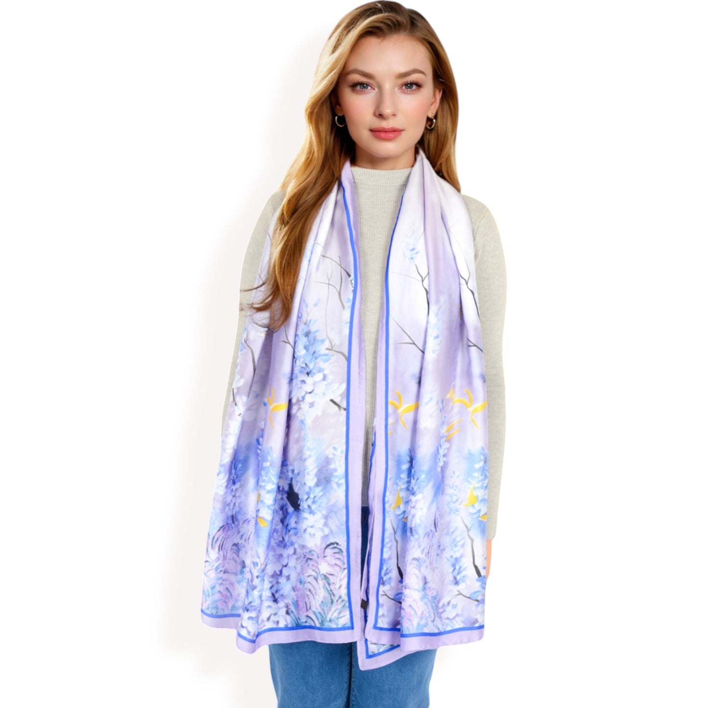 Anna-Kaci Women's Elegant Floral Satin Scarf with Vibrant Blue and Lavender Tones for Chic and Versatile Styling