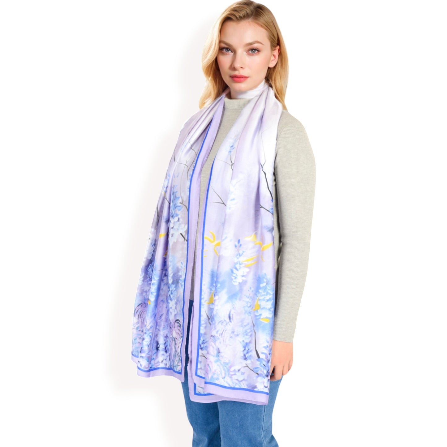Anna-Kaci Women's Elegant Floral Satin Scarf with Vibrant Blue and Lavender Tones for Chic and Versatile Styling