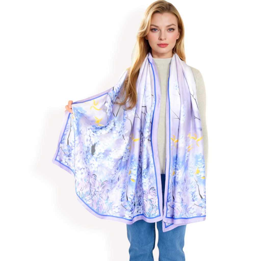 Anna-Kaci Women's Elegant Floral Satin Scarf with Vibrant Blue and Lavender Tones for Chic and Versatile Styling