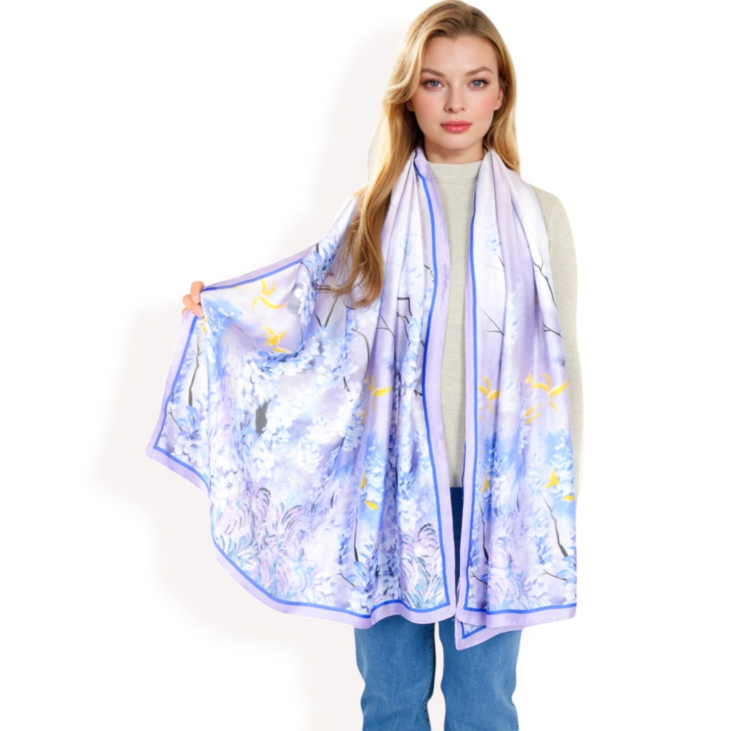 Anna-Kaci Women's Elegant Floral Satin Scarf with Vibrant Blue and Lavender Tones for Chic and Versatile Styling
