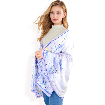 Anna-Kaci Women's Elegant Floral Satin Scarf with Vibrant Blue and Lavender Tones for Chic and Versatile Styling