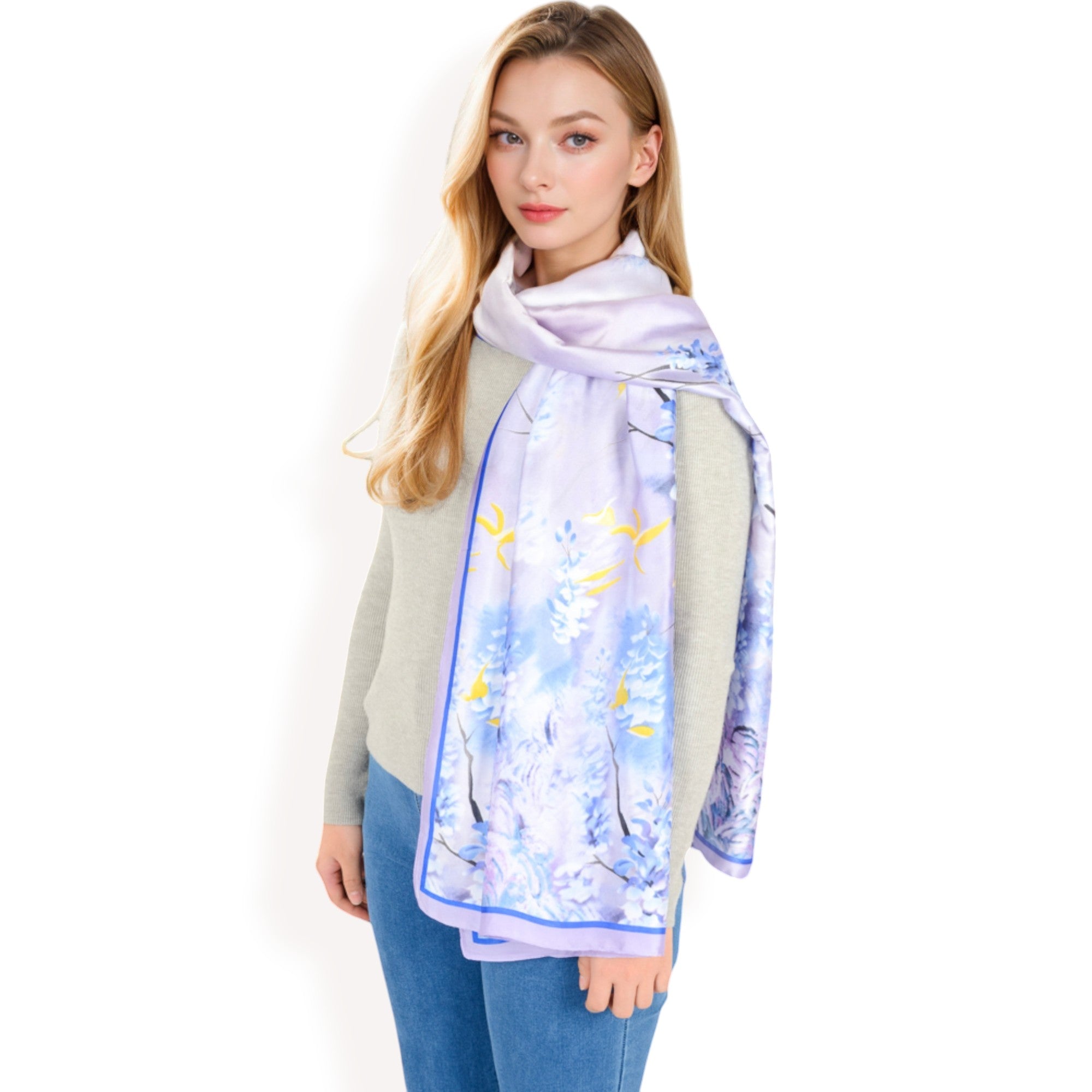 Anna-Kaci Women's Elegant Floral Satin Scarf with Vibrant Blue and Lavender Tones for Chic and Versatile Styling
