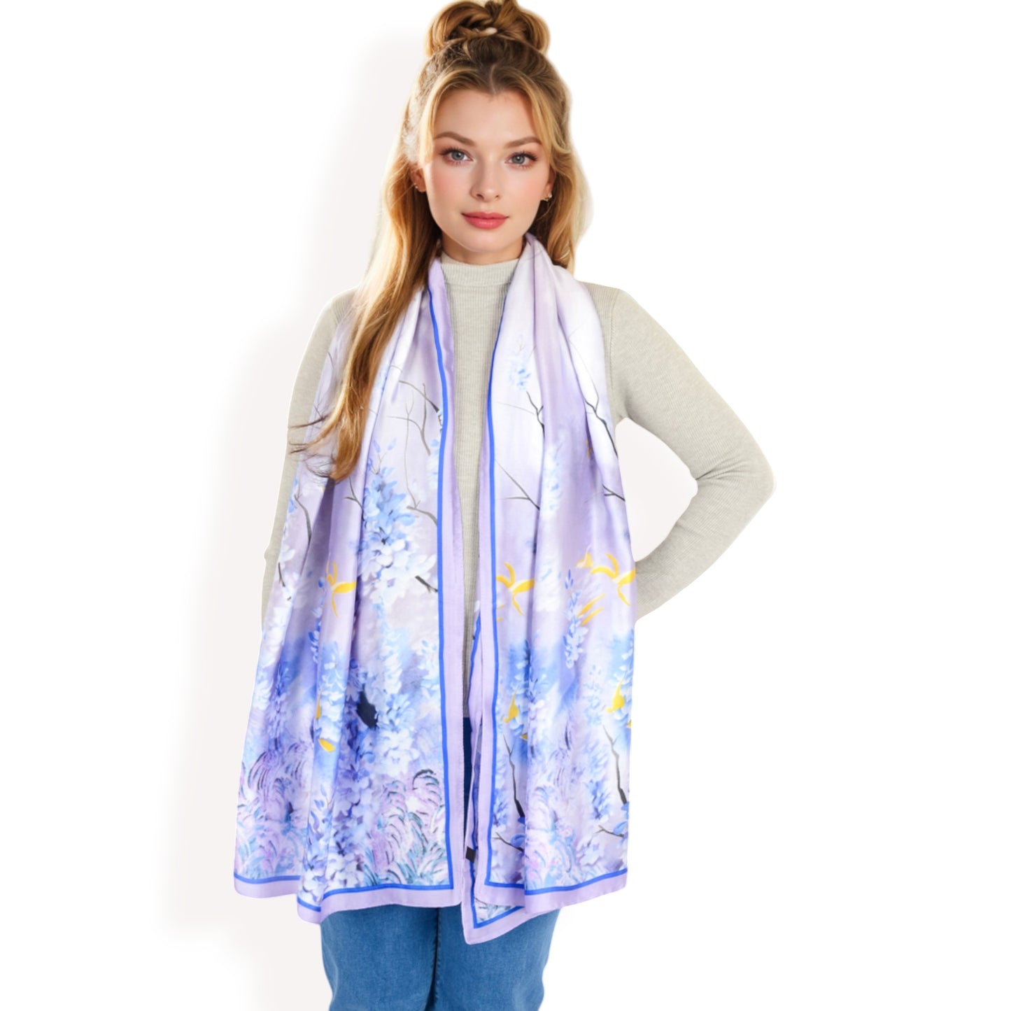 Anna-Kaci Women's Elegant Floral Satin Scarf with Vibrant Blue and Lavender Tones for Chic and Versatile Styling