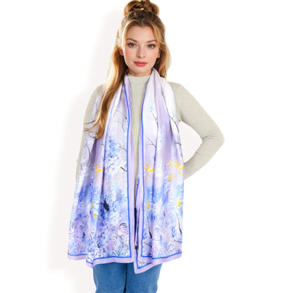 Anna-Kaci Women's Elegant Floral Satin Scarf with Vibrant Blue and Lavender Tones for Chic and Versatile Styling