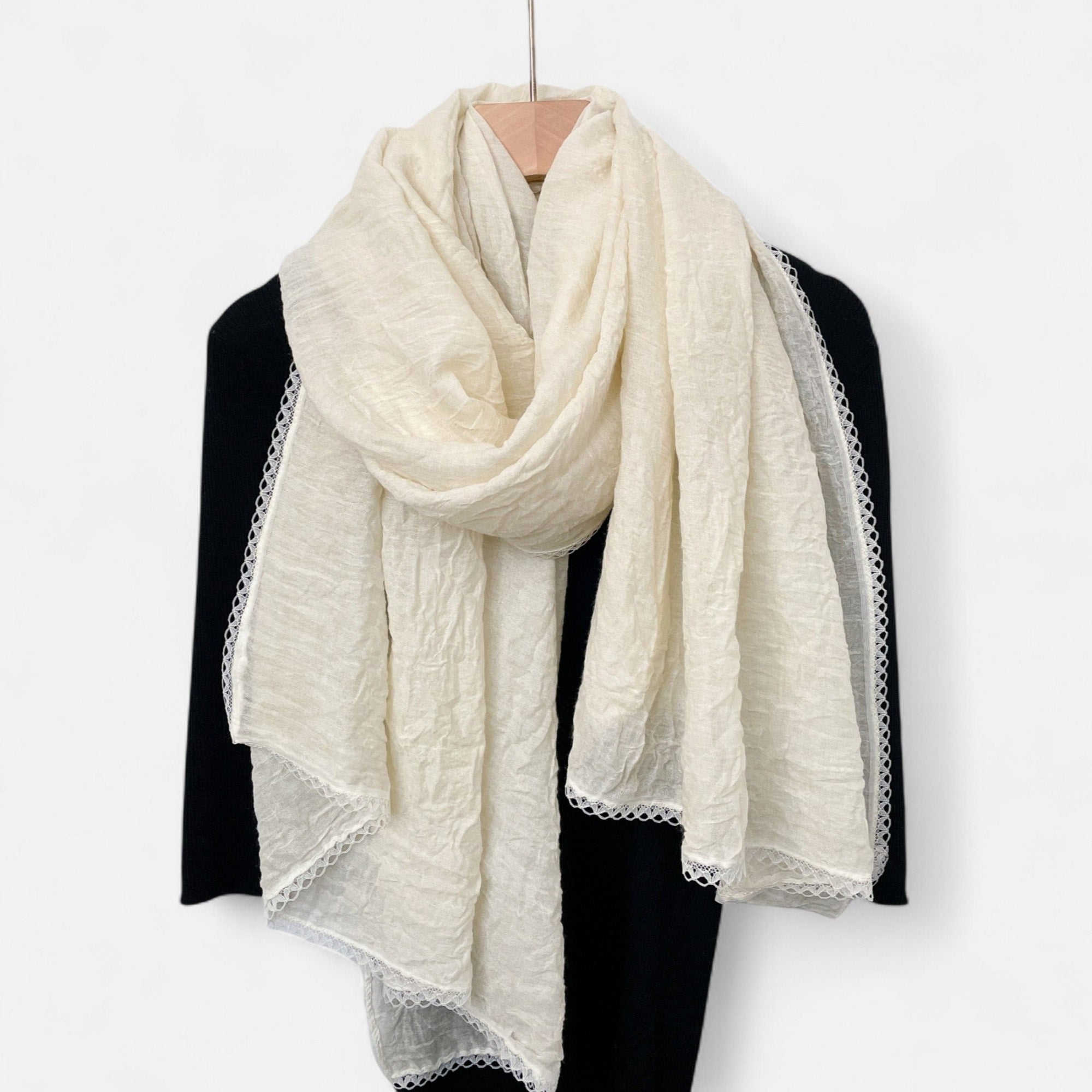 Anna-Kaci Women's Lightweight Crinkled Wrap Scarf with Delicate Lace Trim Edges
