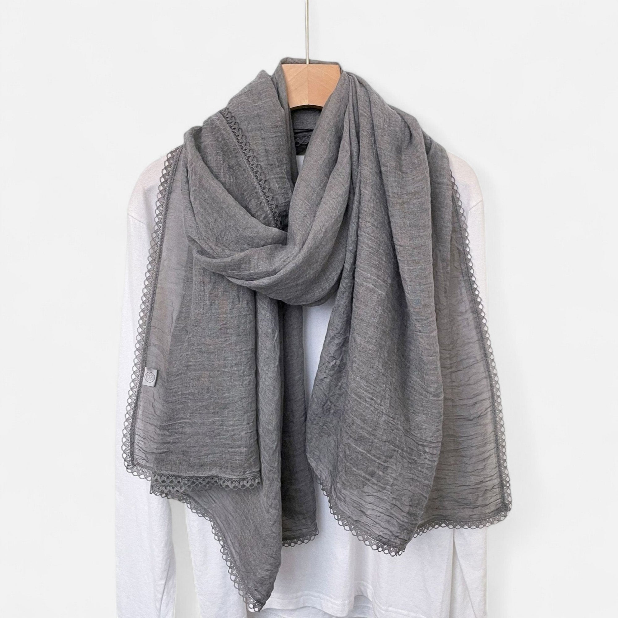 Anna-Kaci Women's Lightweight Crinkled Wrap Scarf with Delicate Lace Trim Edges