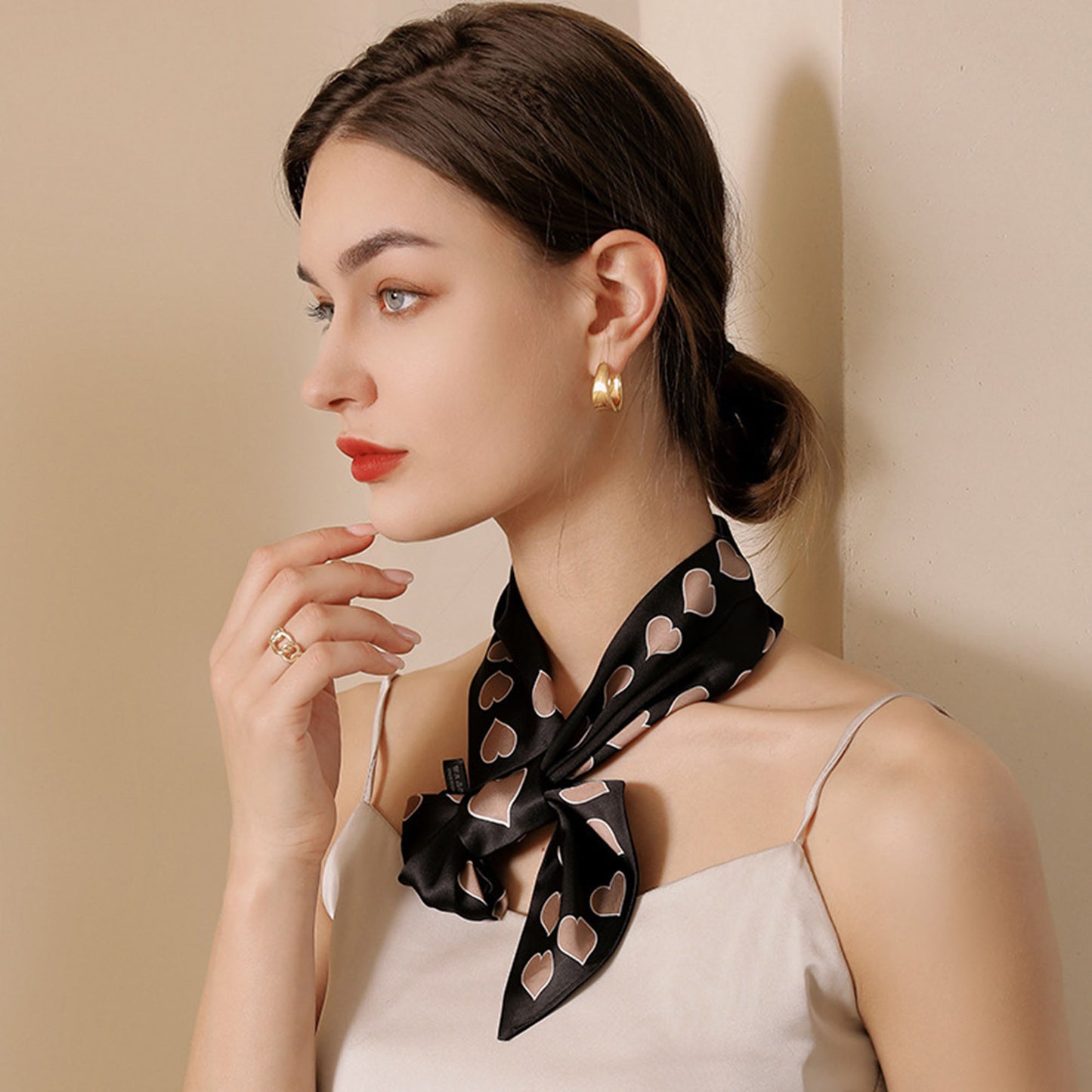 Anna-Kaci Women's Silky Square Neck Scarf with Black Heart Pattern for Hair and Bag Styling