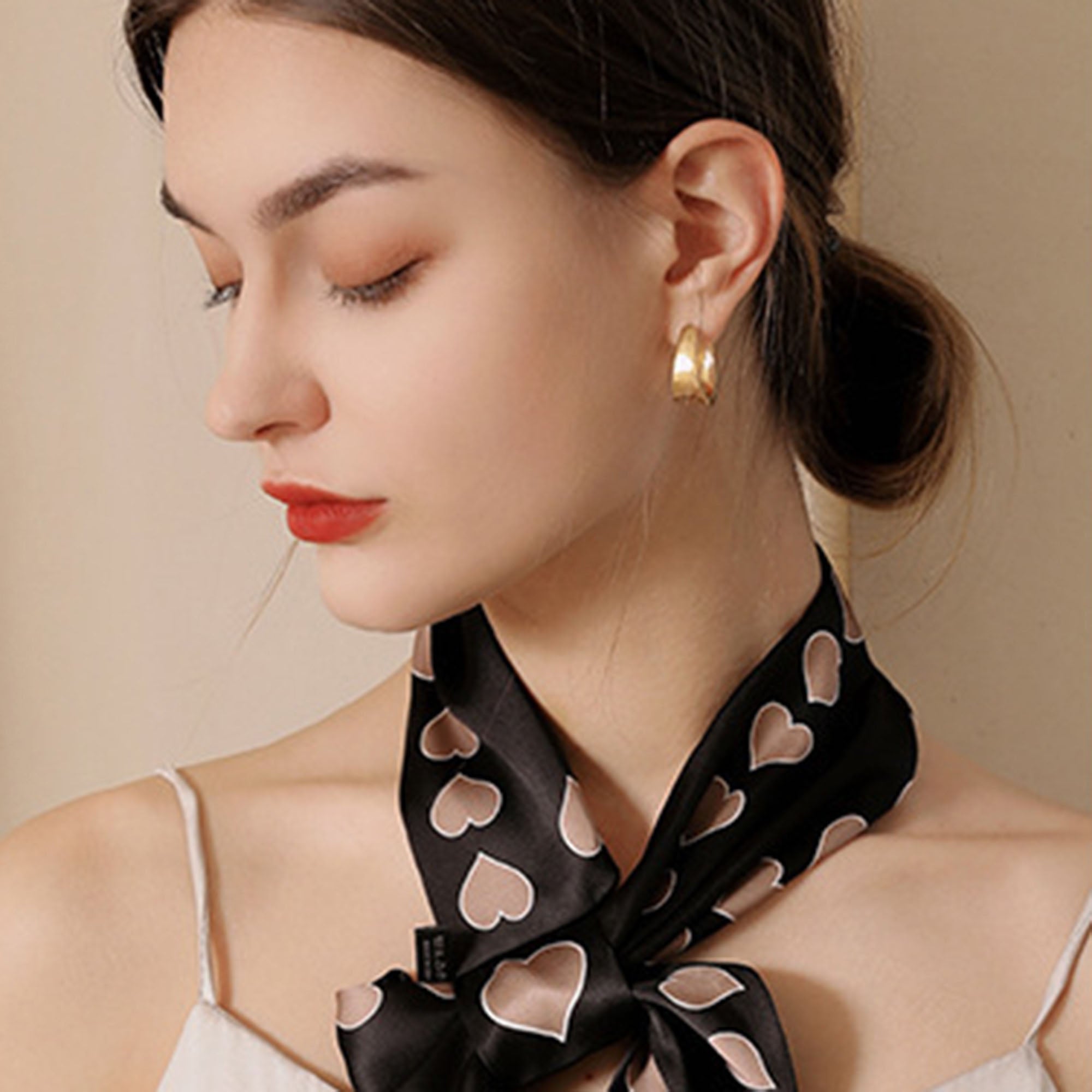 Anna-Kaci Women's Silky Square Neck Scarf with Black Heart Pattern for Hair and Bag Styling
