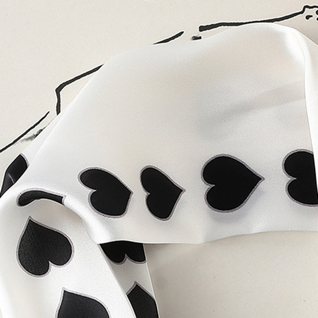 Anna-Kaci Women's Silky Square Neck Scarf with Black Heart Pattern for Hair and Bag Styling