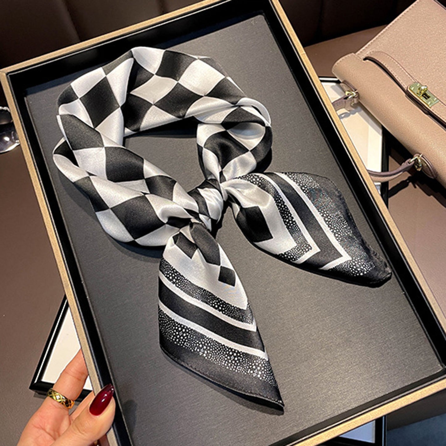 Anna-Kaci Women's Silky Square Neck Scarf with Abstract Floral Pattern for Hair and Bag Styling