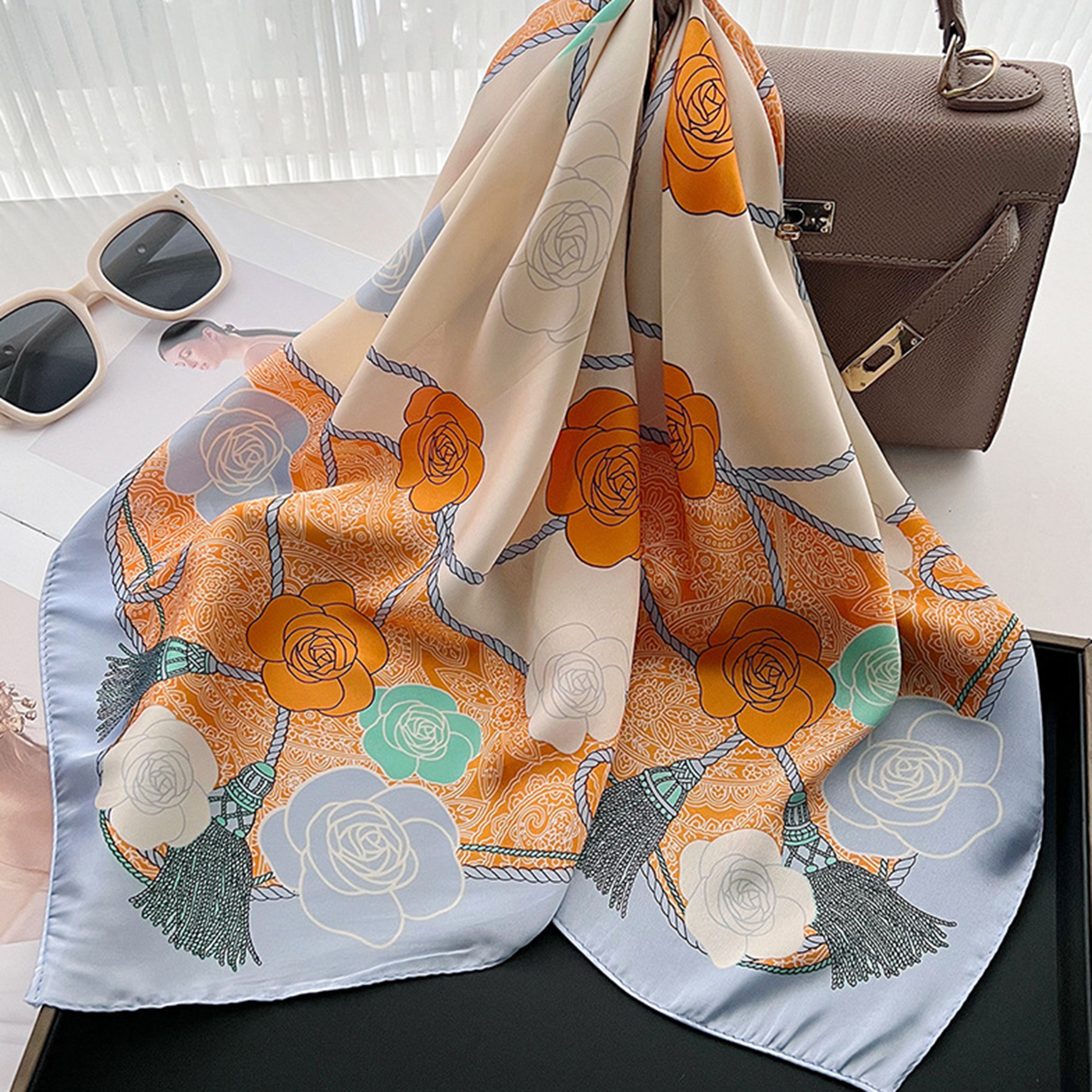 Anna-Kaci Women's Silky Square Scarf with Floral and Rope Print for Neck Hair or Bag Accessory
