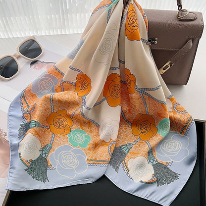 Anna-Kaci Women's Silky Square Scarf with Floral and Rope Print for Neck Hair or Bag Accessory