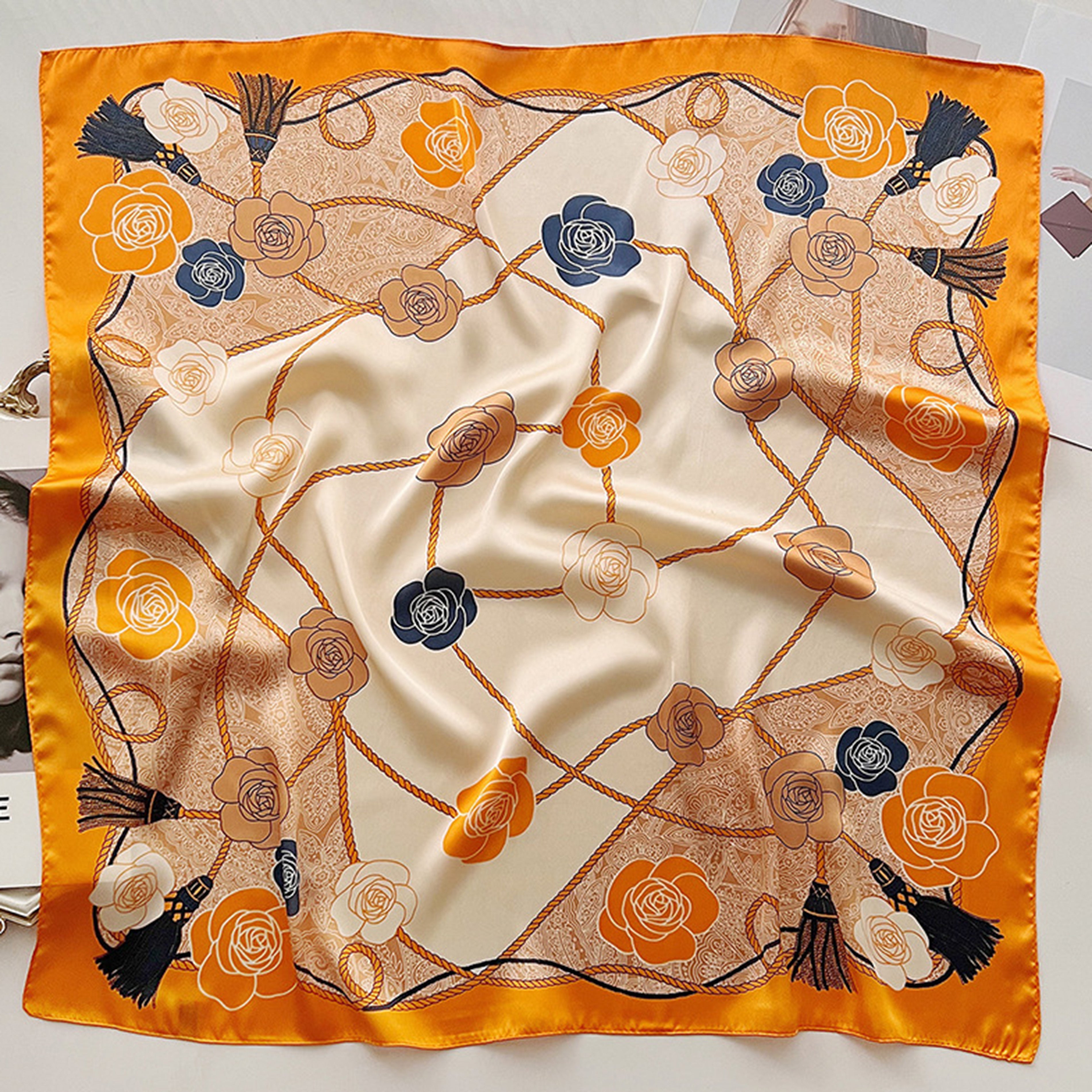 Anna-Kaci Women's Silky Square Scarf with Floral and Rope Print for Neck Hair or Bag Accessory