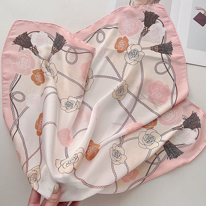 Anna-Kaci Women's Silky Square Scarf with Floral and Rope Print for Neck Hair or Bag Accessory