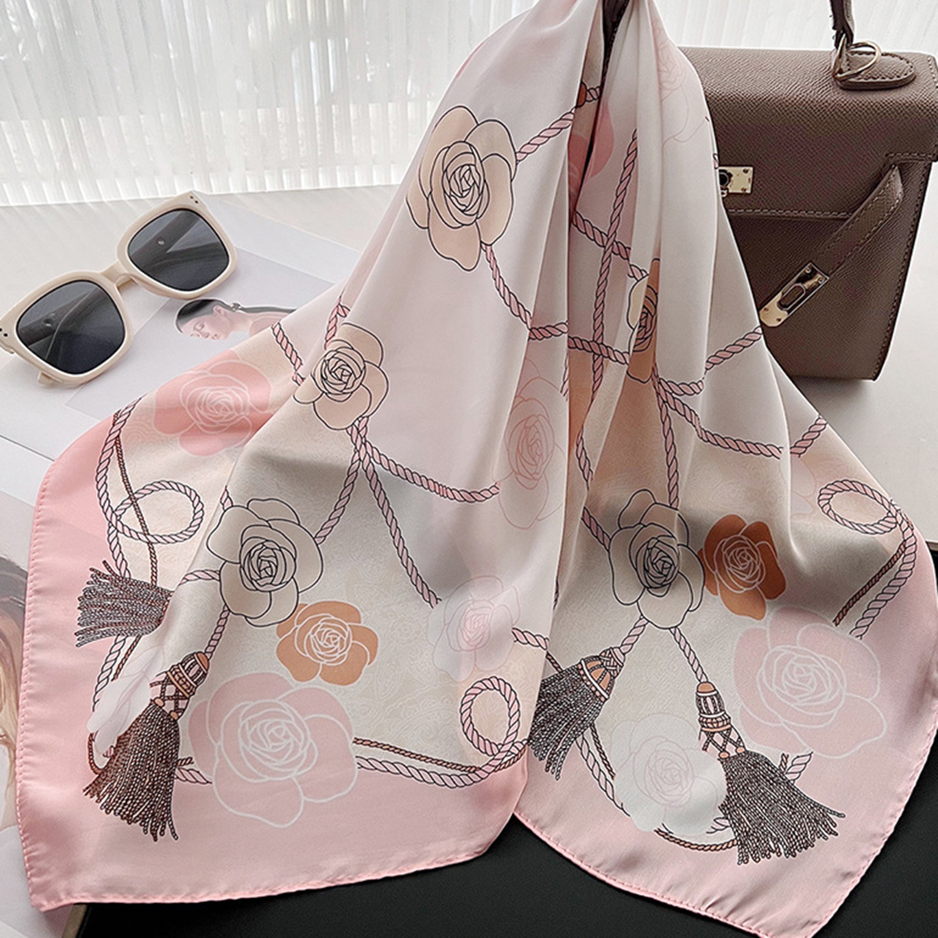 Anna-Kaci Women's Silky Square Scarf with Floral and Rope Print for Neck Hair or Bag Accessory