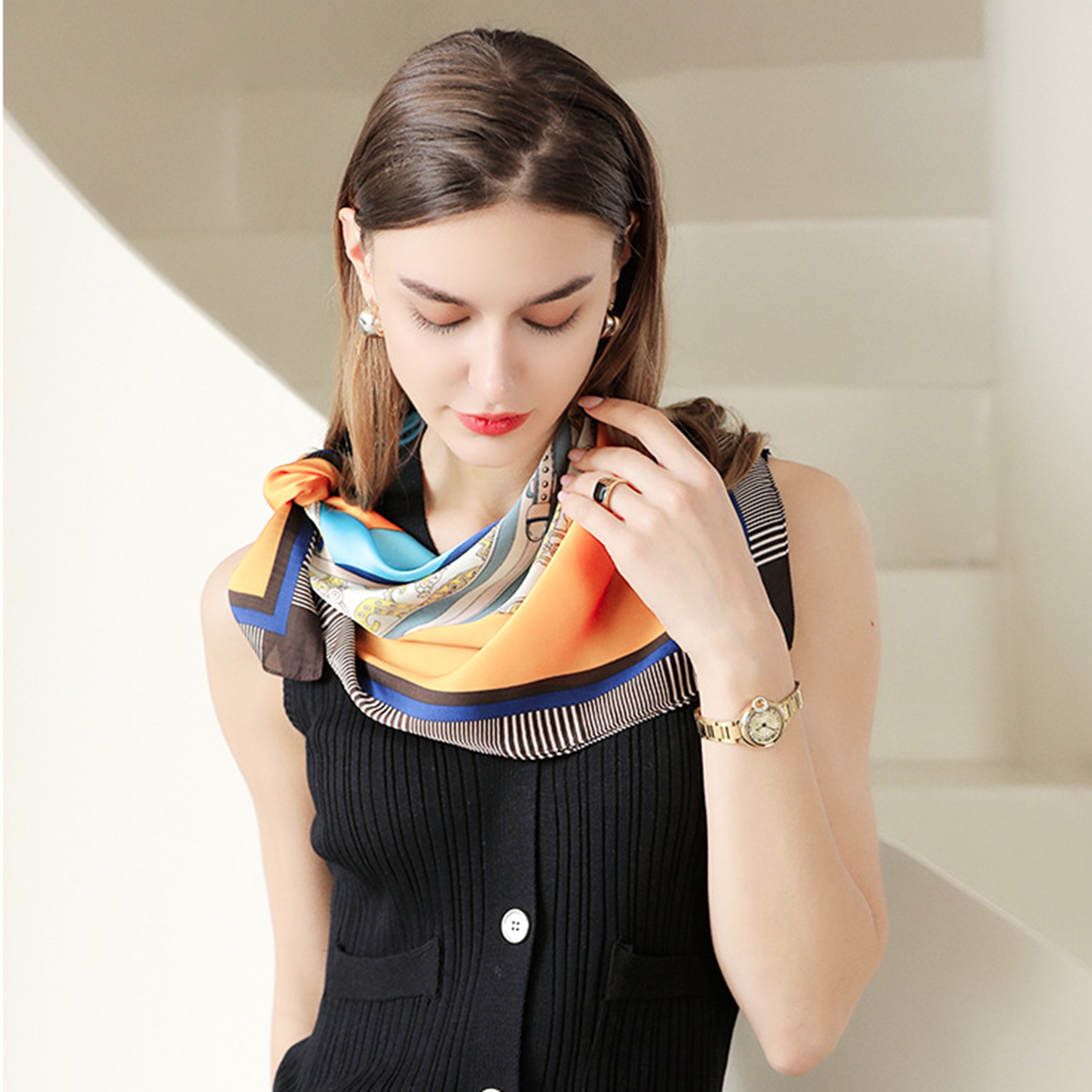 Anna-Kaci Women's Colorful Boho Patterned Satin Scarf with Abstract Print for Neck Hair or Handbag Accent