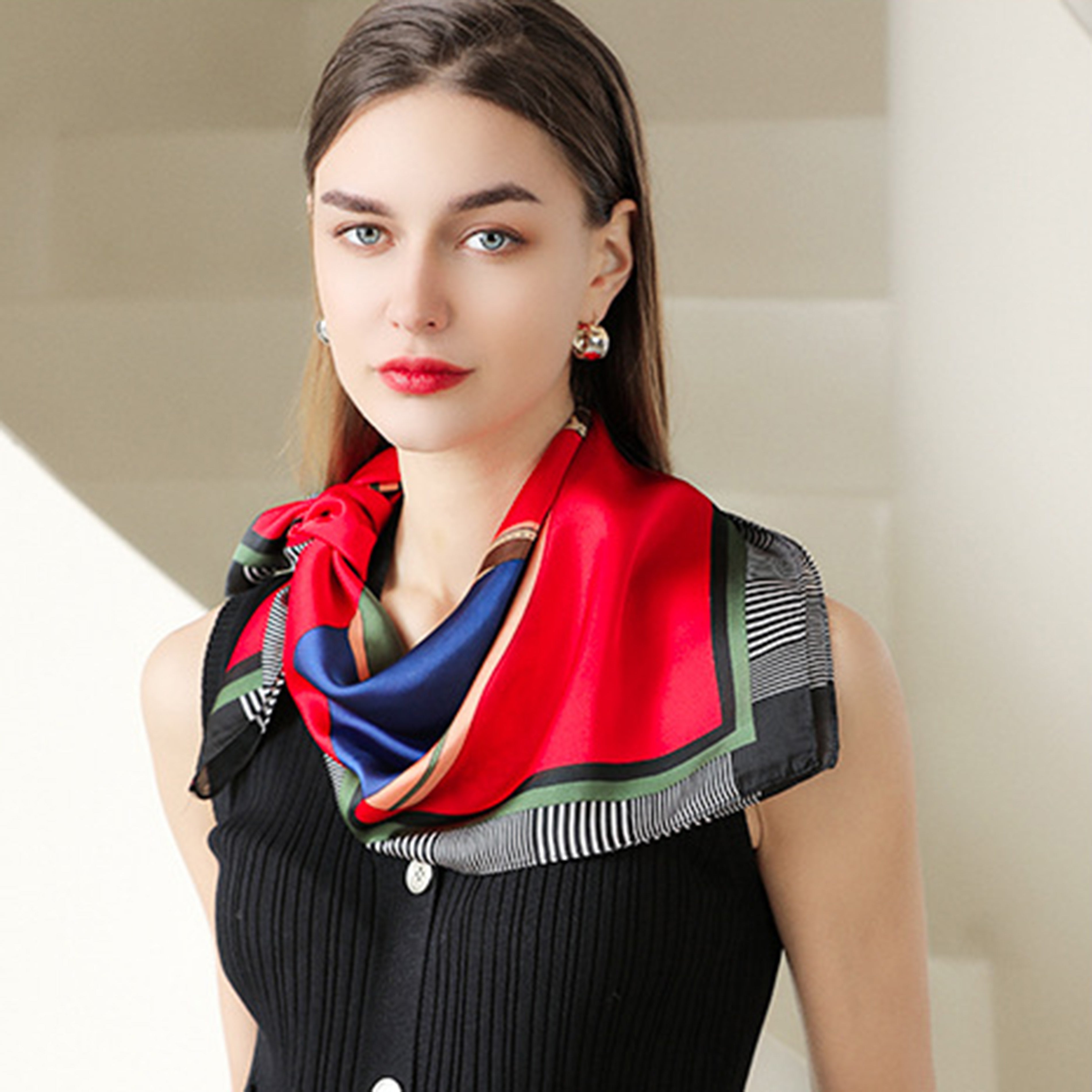 Anna-Kaci Women's Colorful Boho Patterned Satin Scarf with Abstract Print for Neck Hair or Handbag Accent