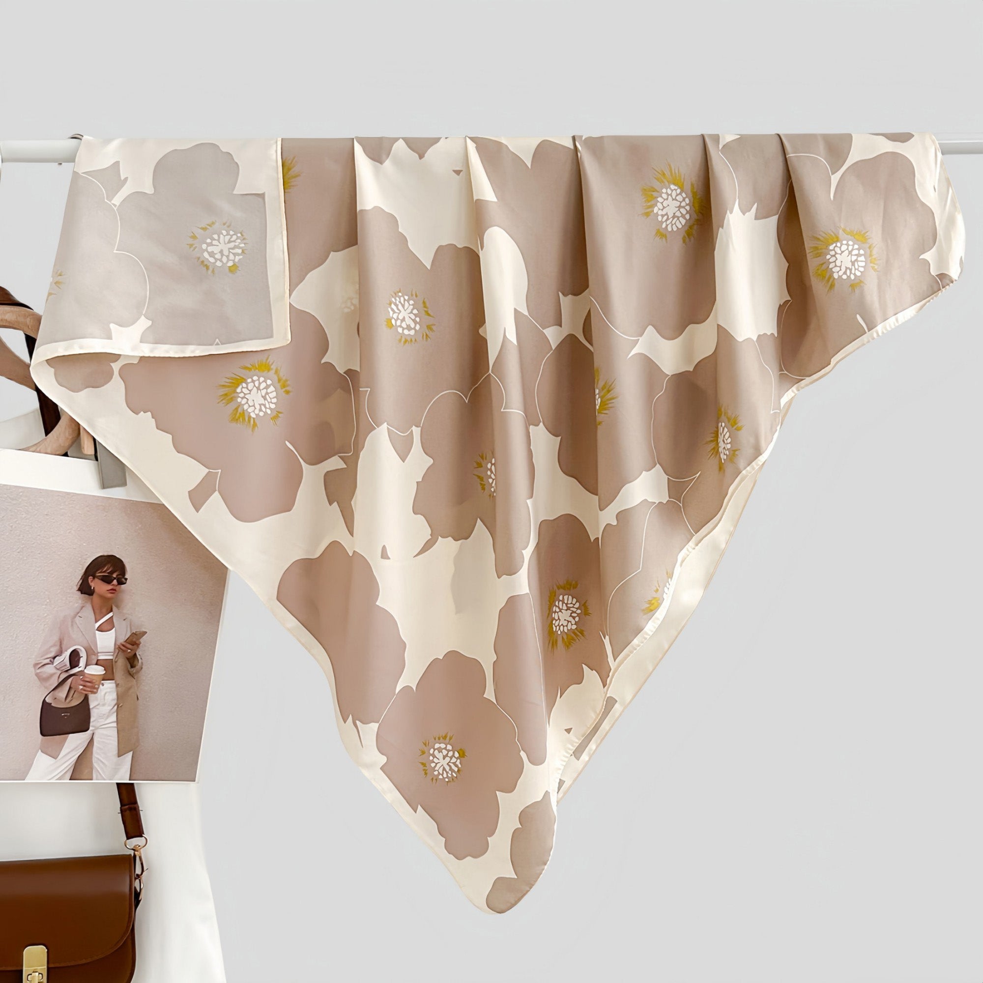 Anna-Kaci Women's Square Floral Print Satin Scarf with Bold Leaf Pattern and Smooth Silky Finish