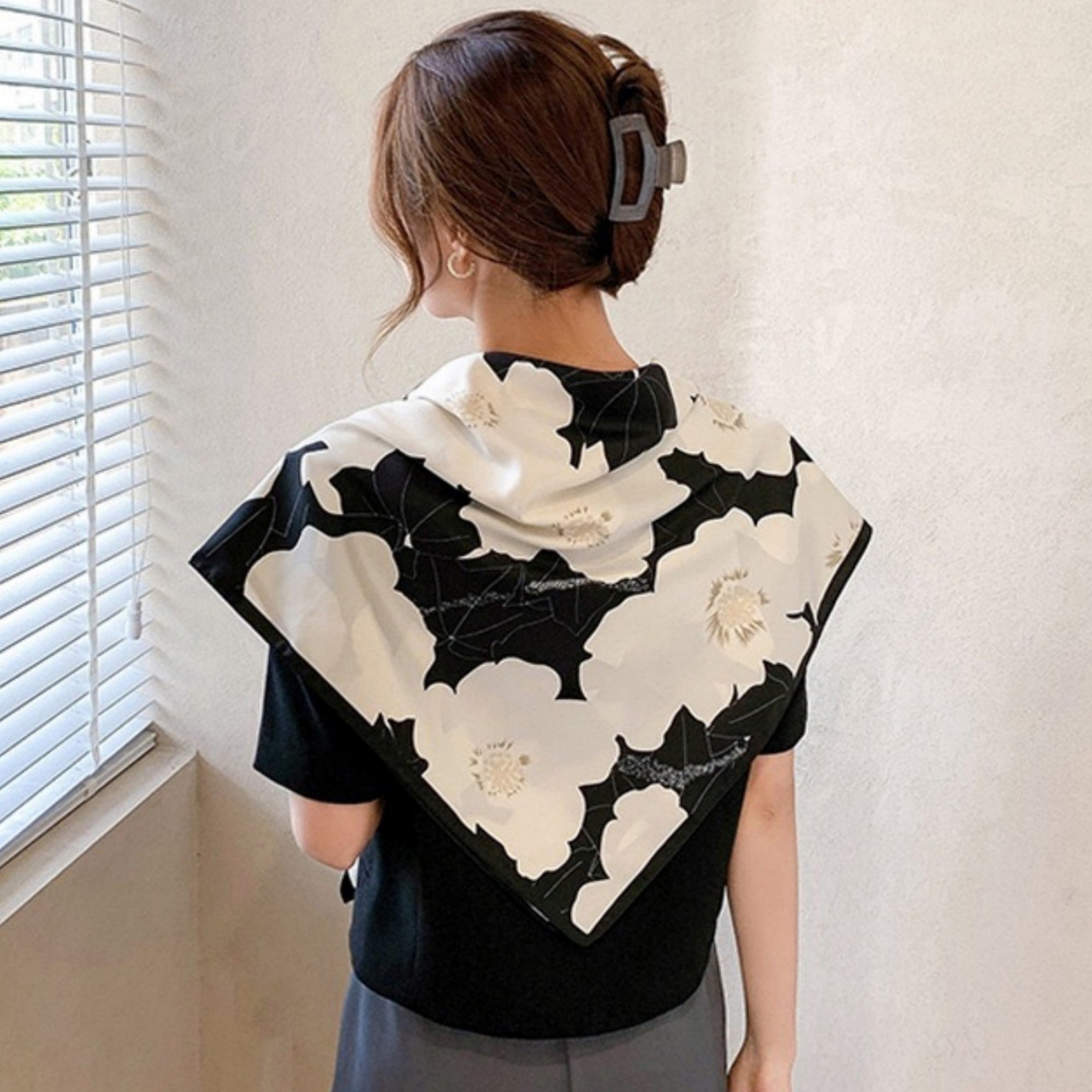 Anna-Kaci Women's Square Floral Print Satin Scarf with Bold Leaf Pattern and Smooth Silky Finish