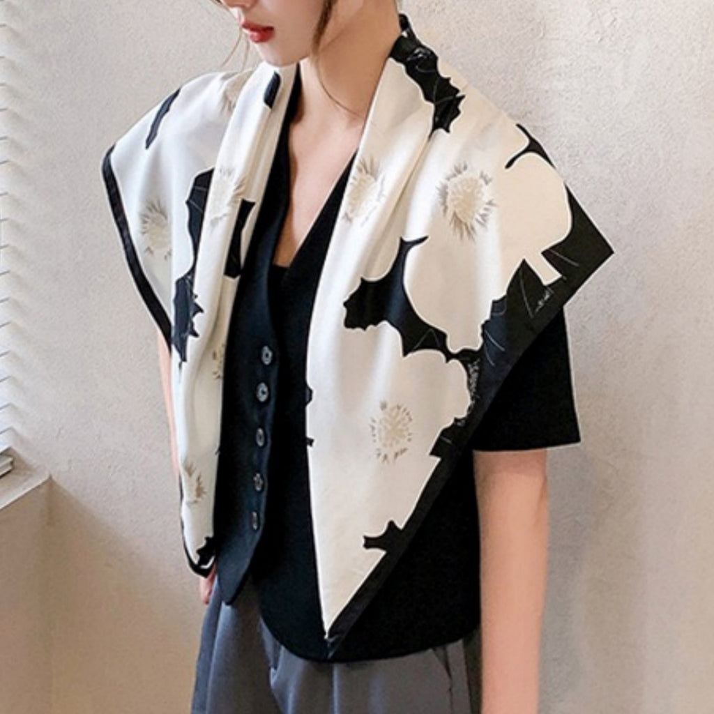 Anna-Kaci Women's Square Floral Print Satin Scarf with Bold Leaf Pattern and Smooth Silky Finish