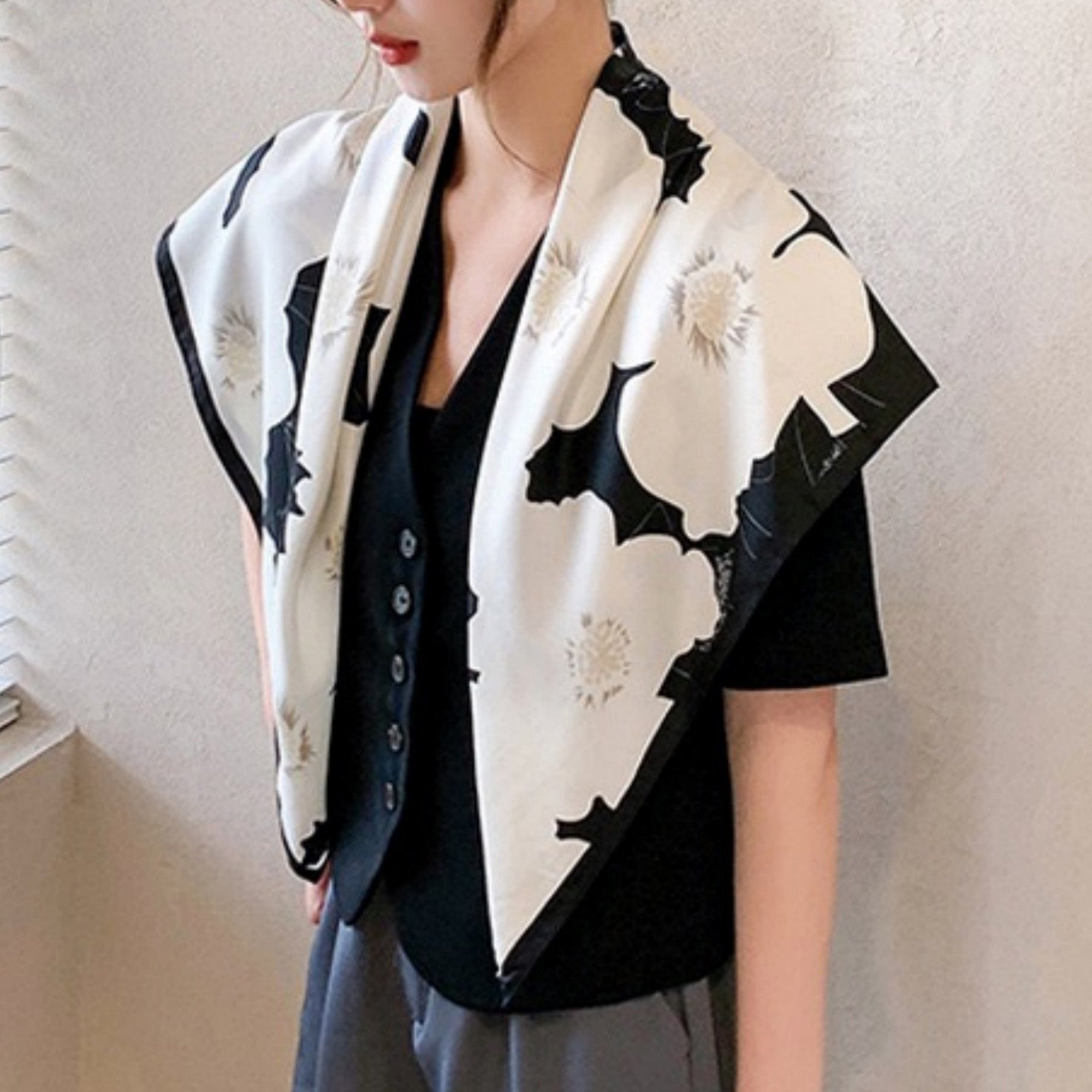 Anna-Kaci Women's Square Floral Print Satin Scarf with Bold Leaf Pattern and Smooth Silky Finish