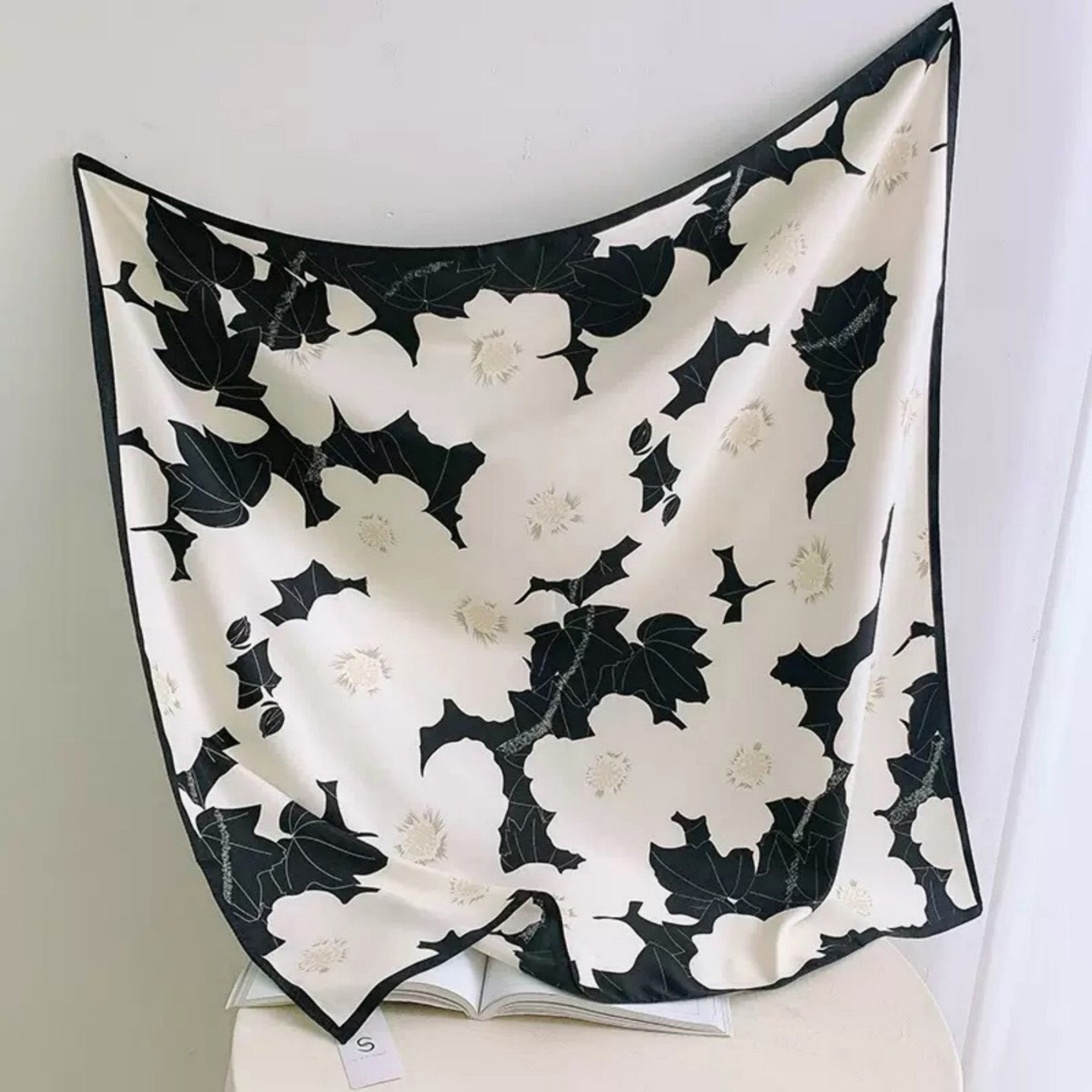 Anna-Kaci Women's Square Floral Print Satin Scarf with Bold Leaf Pattern and Smooth Silky Finish