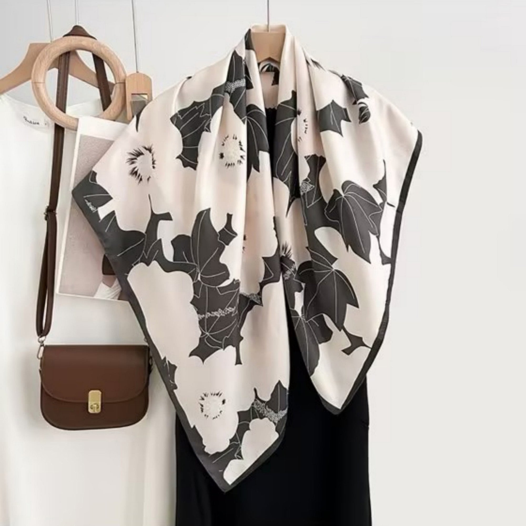 Anna-Kaci Women's Square Floral Print Satin Scarf with Bold Leaf Pattern and Smooth Silky Finish
